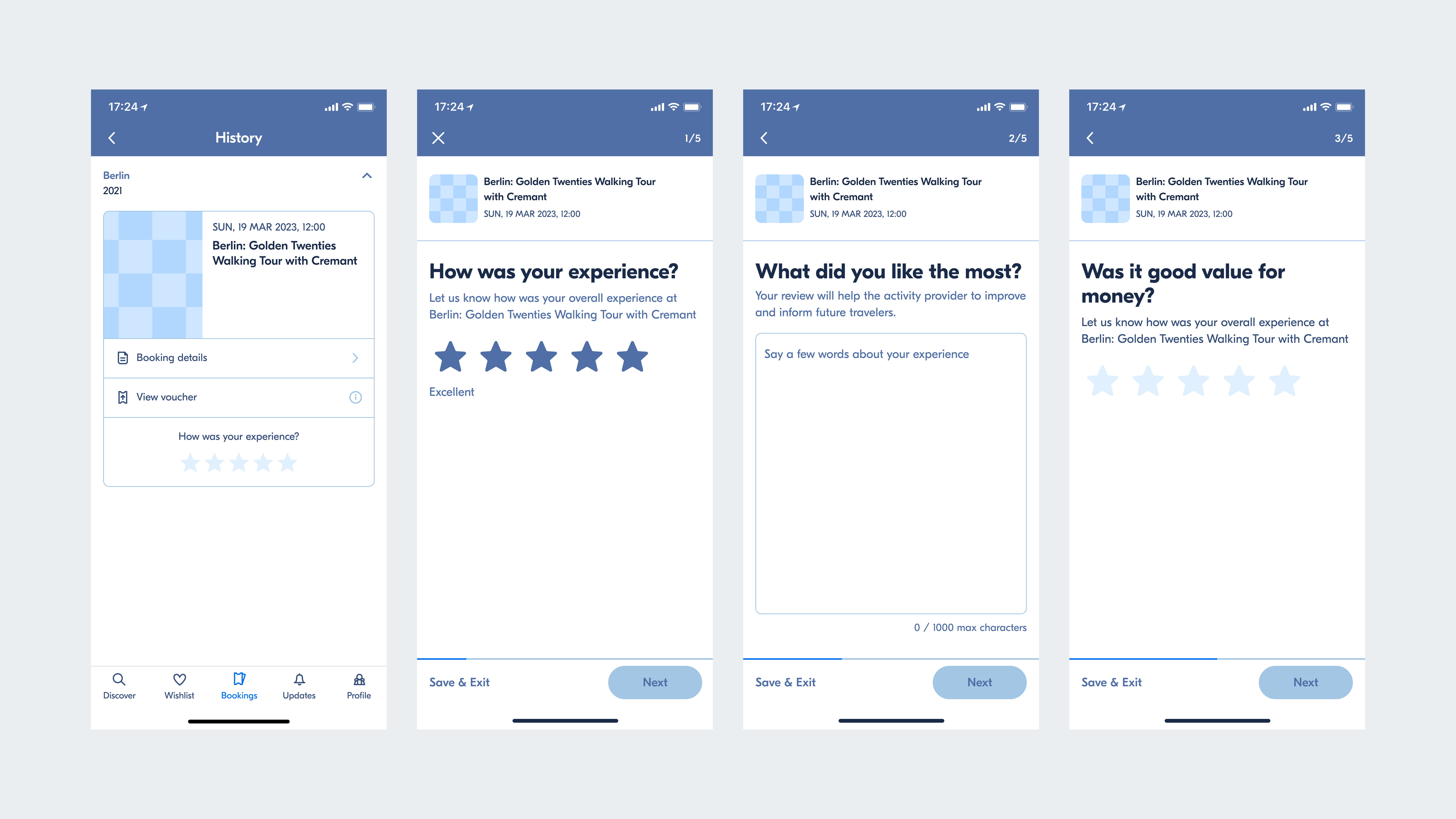 Initial wireframes of the review flow