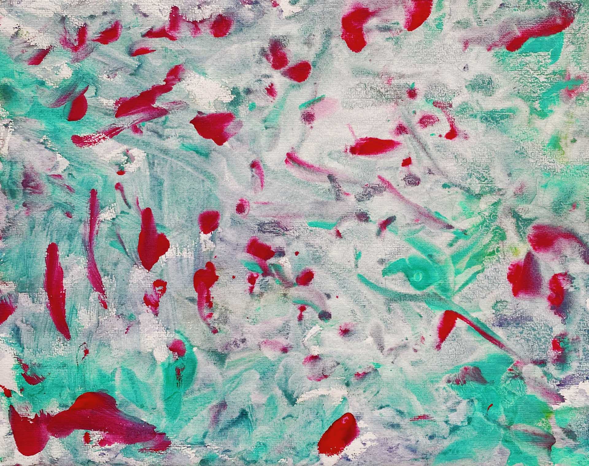 Abstract painting with mix of red, white and turquose colors