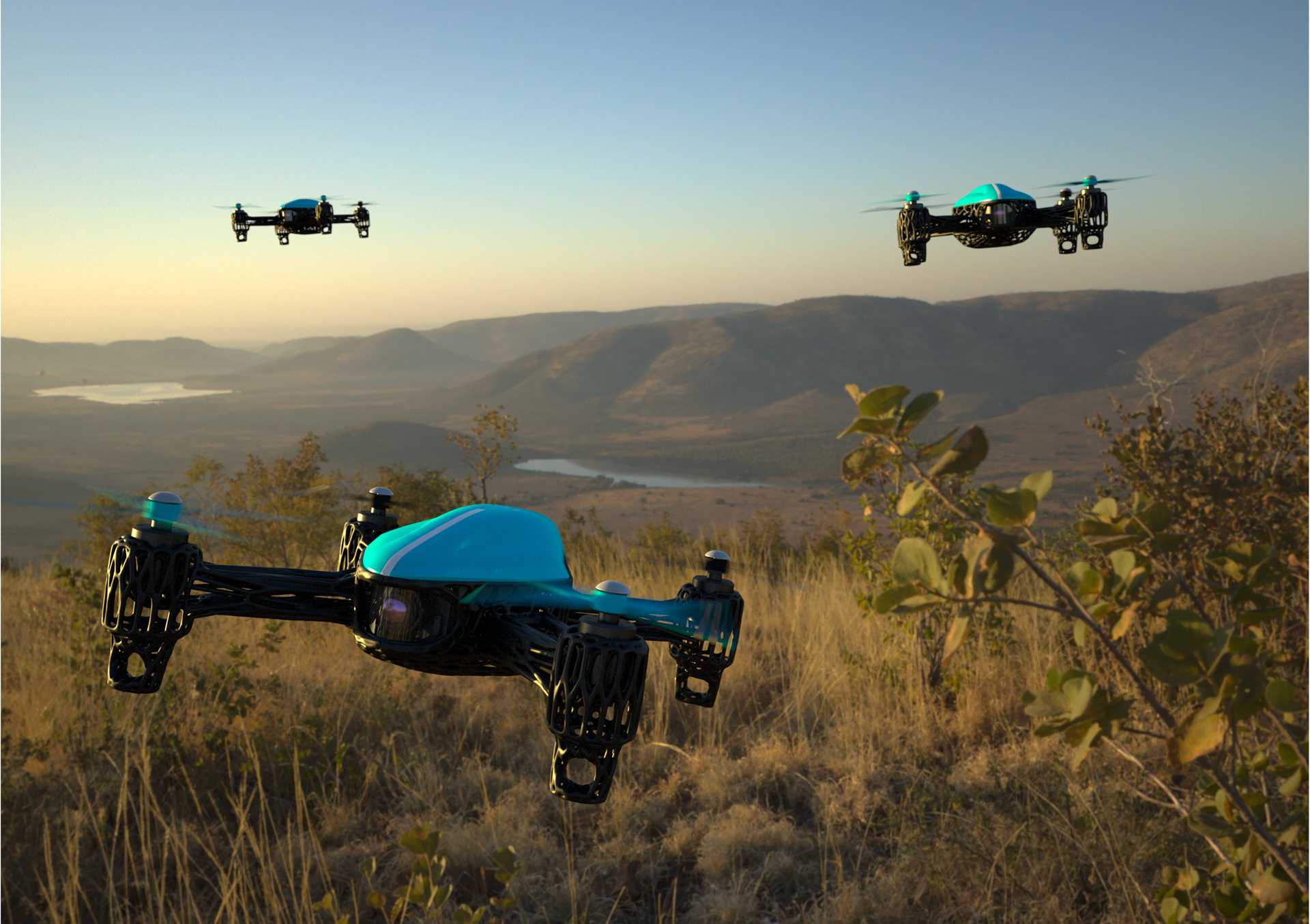 Picture of multiple flying drones in wild nature